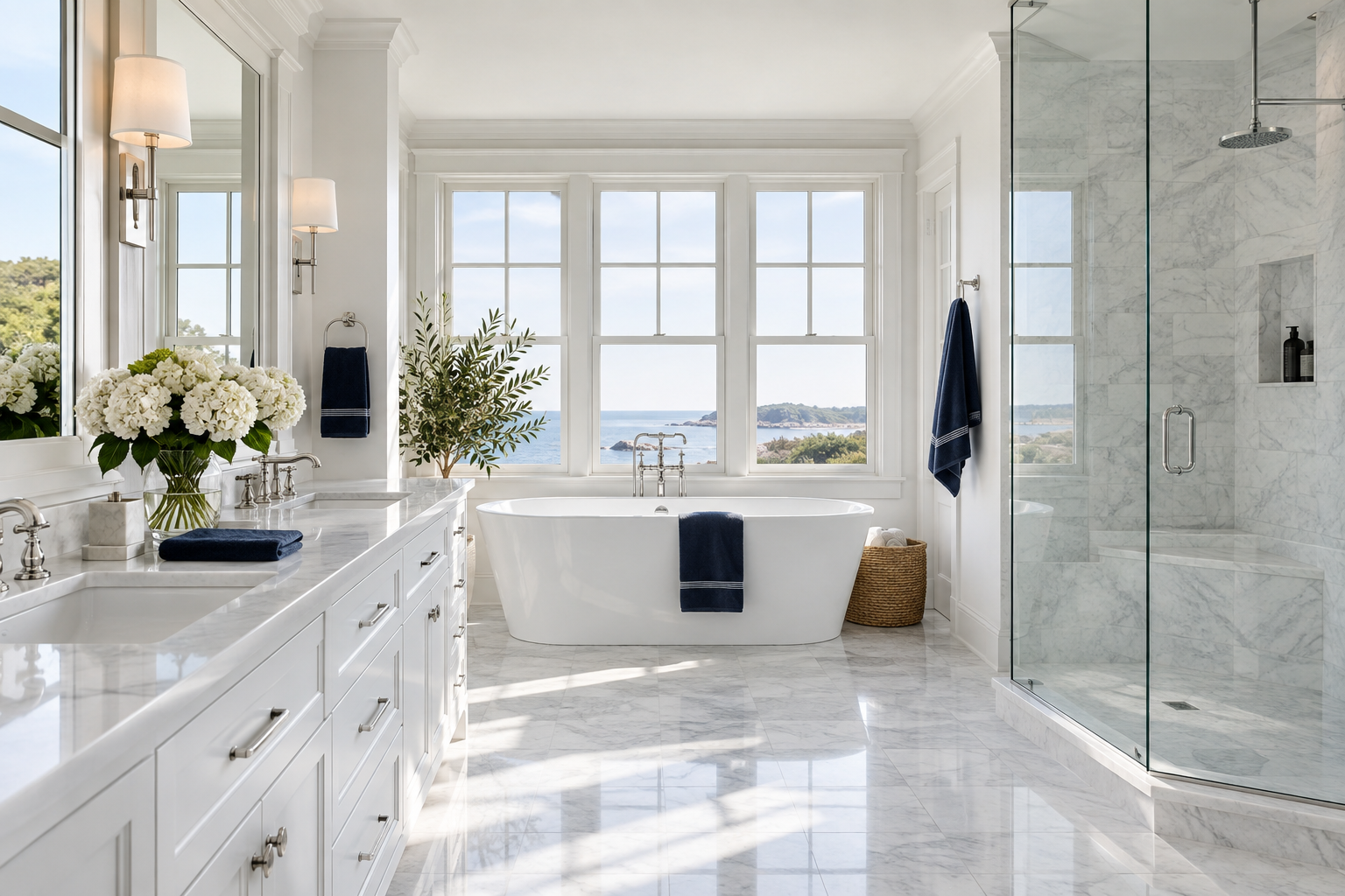Spotless marble bathroom with a coastal view