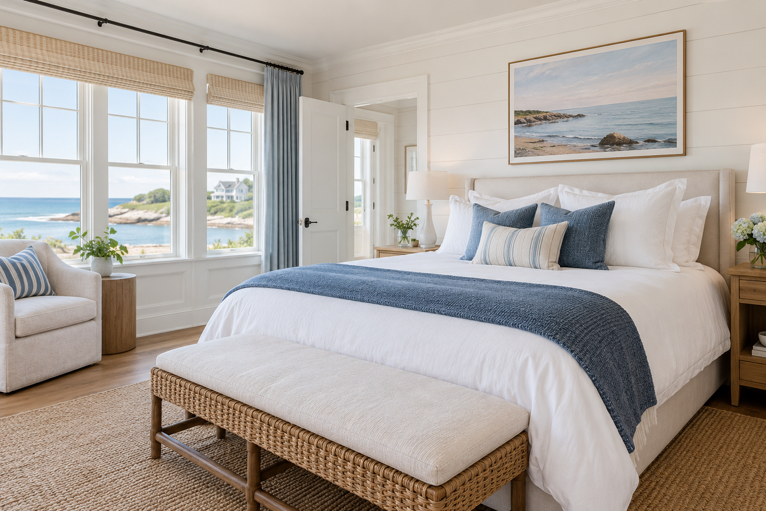 Guest bedroom with crisp linens and a coastal view