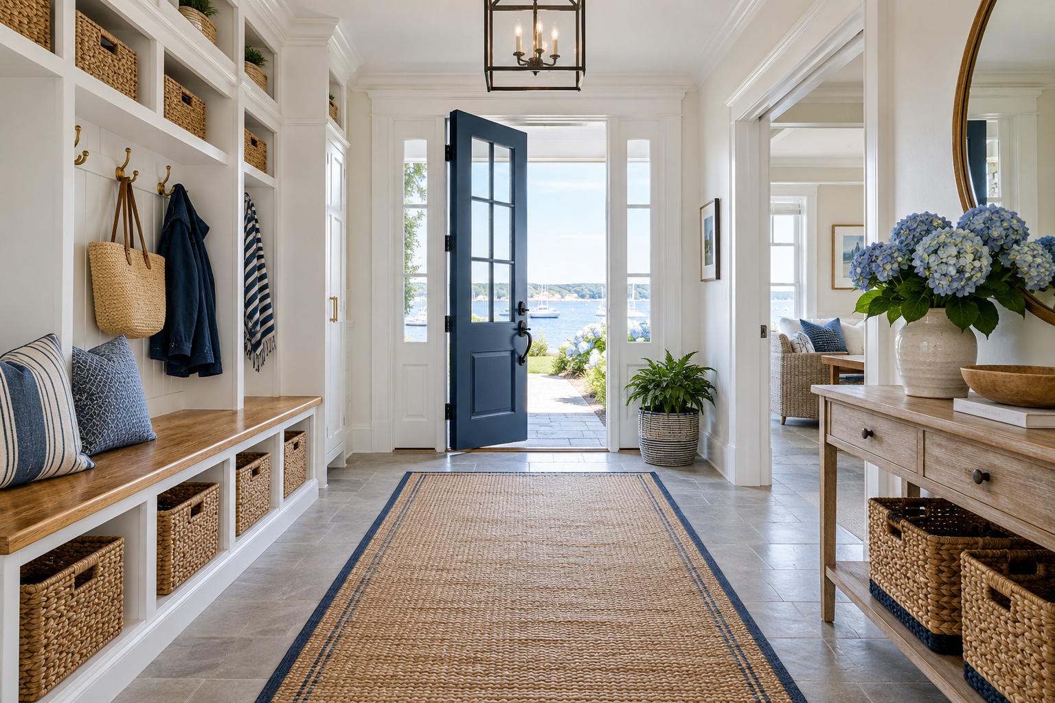 Organized coastal home entryway with navy accents