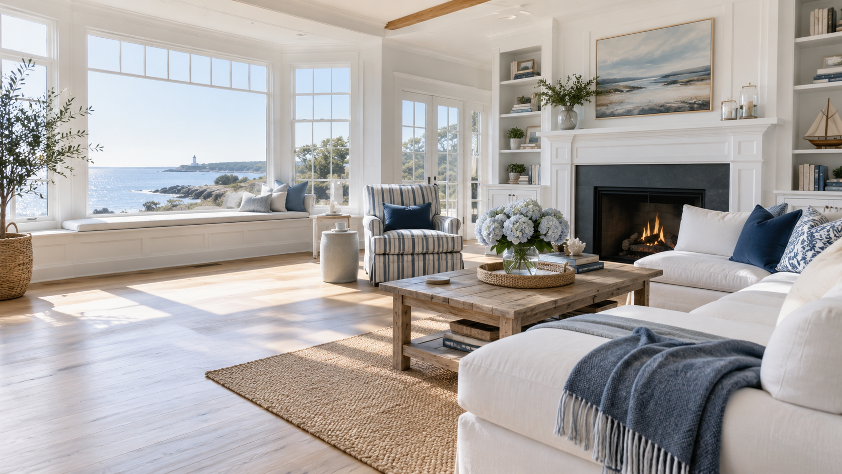 Bright, freshly cleaned coastal New England living room