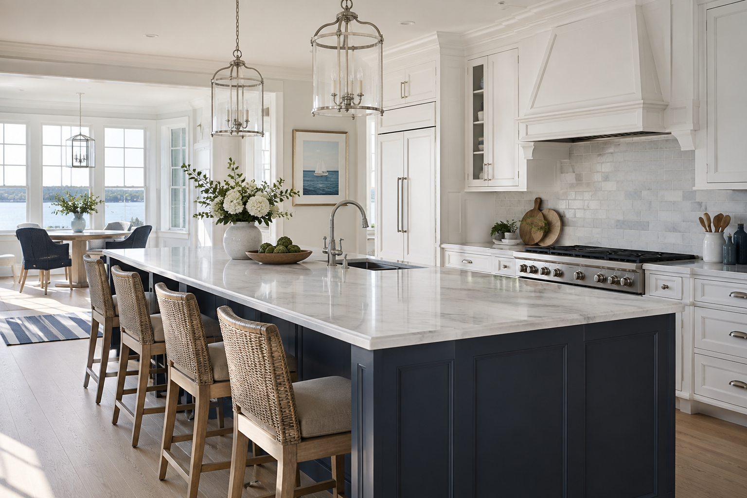 Immaculate white kitchen with navy island