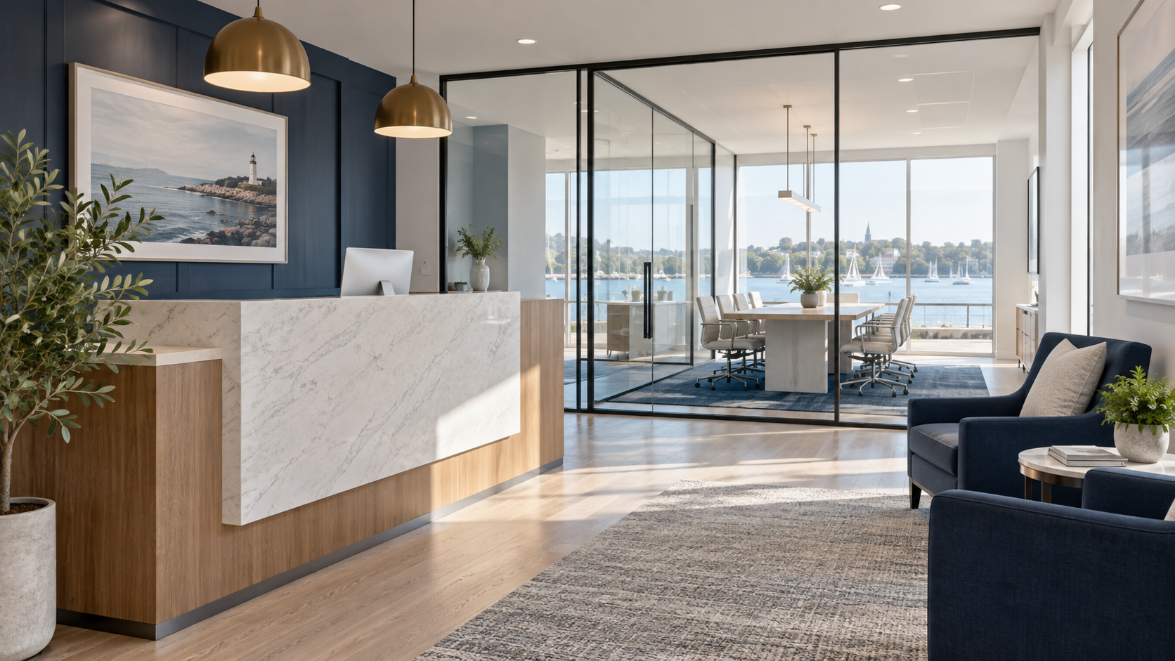 Polished coastal office reception and meeting room